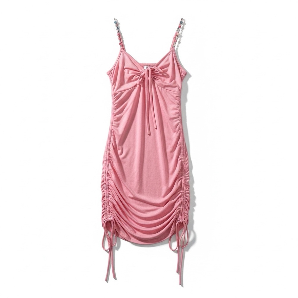 🌸🌸 Fun Pink Ruched Spring Dress | Candy Gems on the Spaghetti Straps 💎🍬🦄